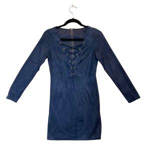 Vintage Faux Suede Navy Blue Long Sleeve Lace Up Dress, Size Small